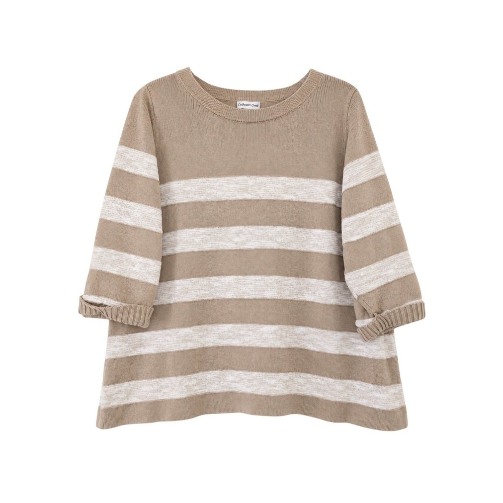 Croft & Barrow Womens 2X Tan White Striped Knit Sweater 3/4 Sleeve Crew Neck